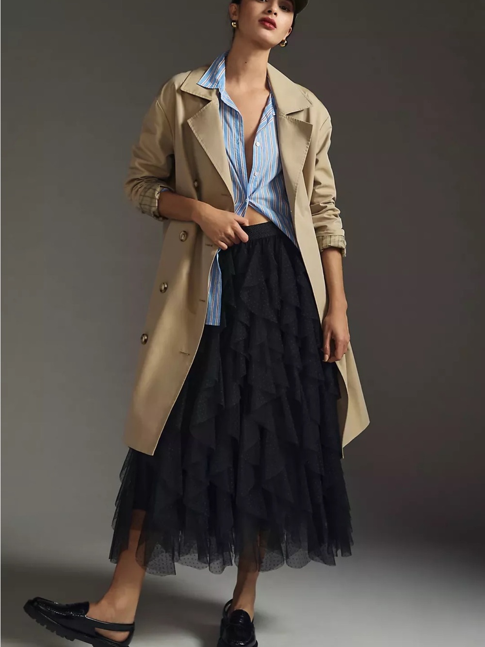 Anthropologie The Chéri Ruffled Tulle Midi Skirt Black XXS NWOT